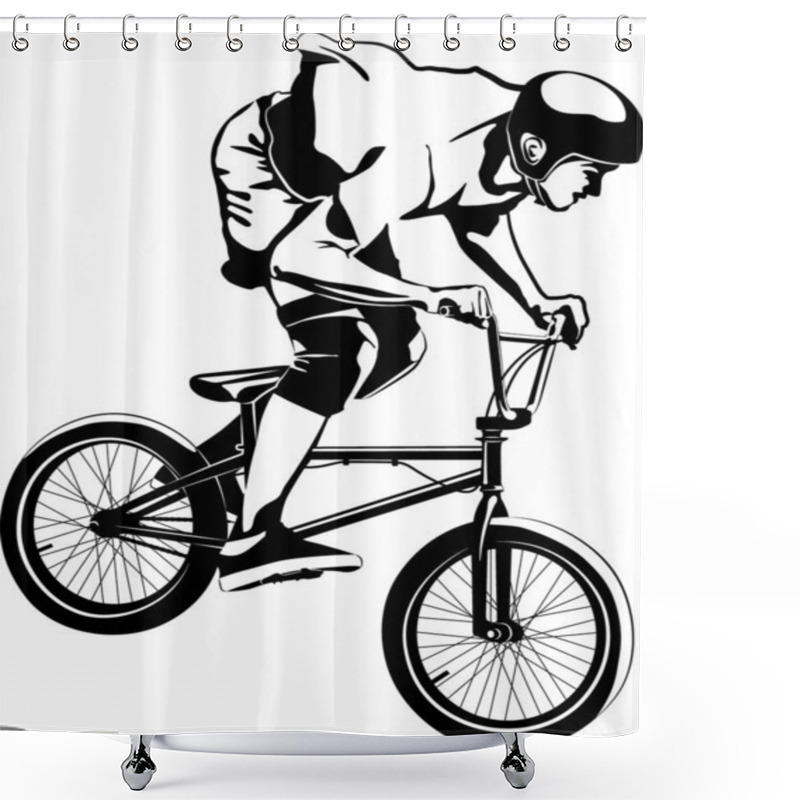 Personality  Boy On BMX Bike - Black And White Vector Illustration Shower Curtains