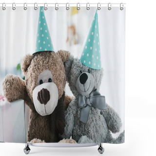 Personality  Selective Focus Of Teddy Bears In Cones And Gift Box  Shower Curtains