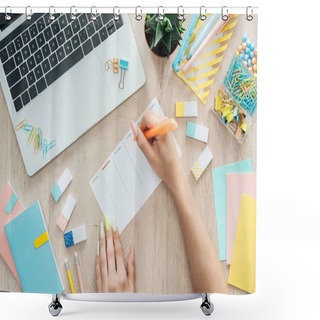 Personality  Cropped View Of Woman Writing Notes In Planner, Sitting Behind Wooden Table With Laptop, Stationery And Plant Shower Curtains