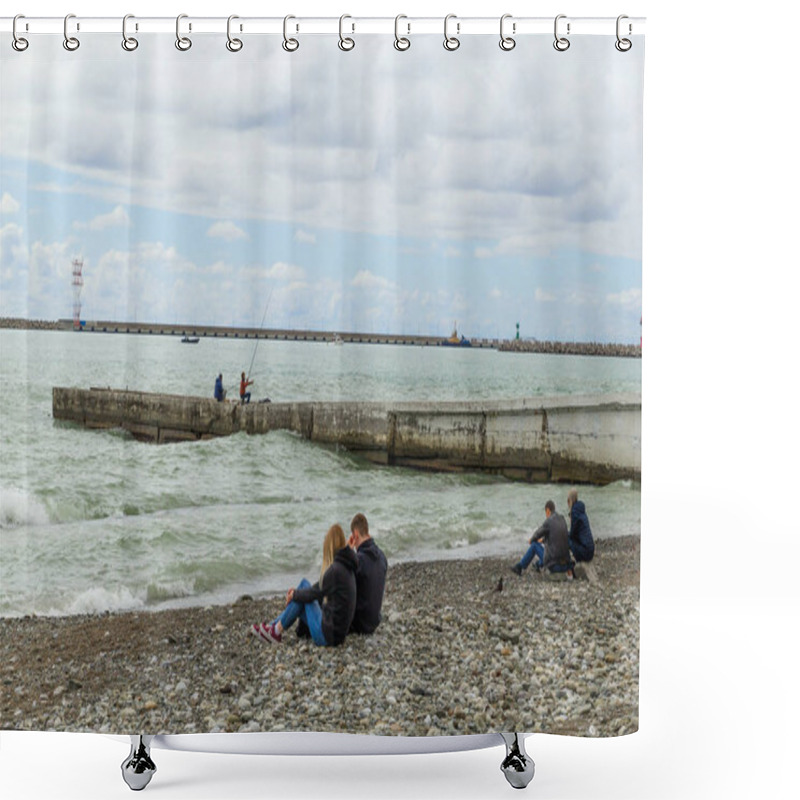 Personality  SOCHI,RUSSIA,  20 APRIL 2019 - Couple Sits On The Black Sea Shore On A Cloudy Day Shower Curtains