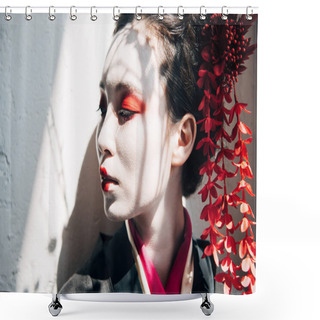 Personality  Portrait Of Beautiful Geisha With Red And White Makeup In Sunlight With Shadows Shower Curtains