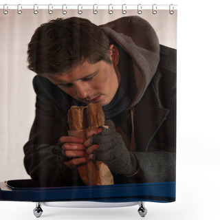 Personality  Hungry Homeless Man Holding Bread Baguette While Leaning On Trash Container Shower Curtains