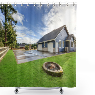 Personality  Backyard View Of Blue Rambler Home With Attached Garage Shower Curtains