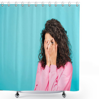 Personality  Curly African American Girl Hiding Face Isolated On Blue Shower Curtains