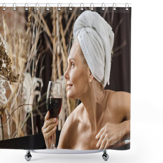 Personality  Happy Middle Aged Woman With Towel On Head Holding Glass Of Red Wine While Taking Bath At Home Shower Curtains