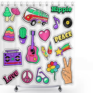 Personality  Fashion Hippie Badges, Patches, Stickers - Van Mushroom Guitar And Feather In Pop Art Comic Style. Vector Illustration Shower Curtains