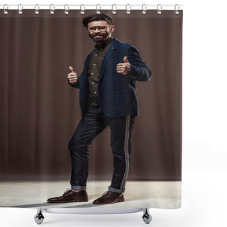 Personality  Smiling Bearded Man Showing Thumbs Up And Looking At Camera On Brown Background Shower Curtains