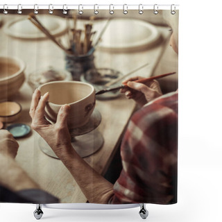 Personality  Overhead View Of Woman Painting Clay Pot At Workshop Shower Curtains