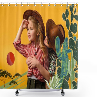 Personality  Little Cowboy Embracing Stylish Cowgirl, Isolated On Yellow With Cactuses Illustration Shower Curtains