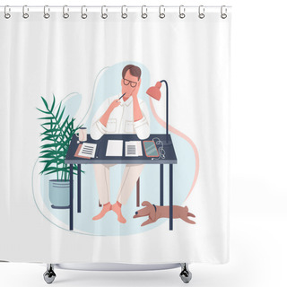 Personality  Freelance Writer Flat Color Vector Faceless Character. Man Sit At Desk. Male Author Write Novel. Work At Home. Creative Hobby Isolated Cartoon Illustration For Web Graphic Design And Animation Shower Curtains