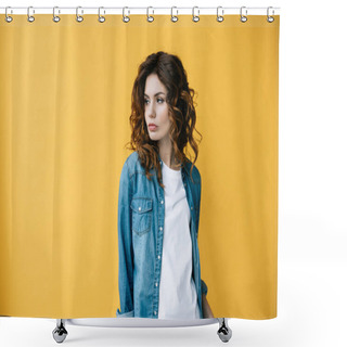 Personality  Attractive Curly Young Woman With Red Hair Standing On Orange  Shower Curtains