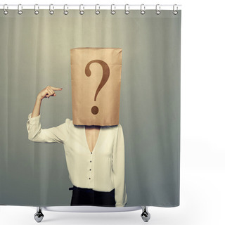 Personality  Woman With Paper Bag Pointing At Question  Shower Curtains
