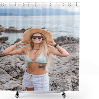 Personality  Beautiful Girl In Bikini Top Touching Straw Hat At Beach In Montenegro Shower Curtains