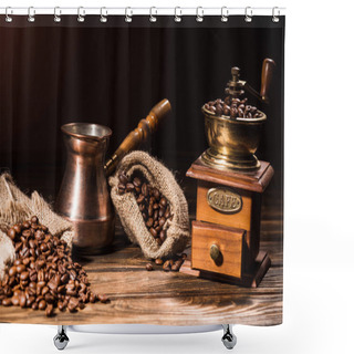 Personality  Vintage Cezve And Coffee Grinder On Rustic Wooden Table Spilled With Roasted Beans Shower Curtains