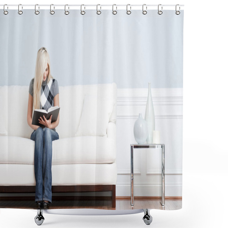 Personality  Woman Sitting on Couch and Reading Book shower curtains