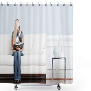 Personality  Woman Sitting On Couch And Reading Book Shower Curtains