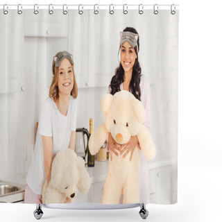 Personality  Beautiful Multicultural Girls With Teddy Bears Looking At Camera During Pajama Party At Home Shower Curtains