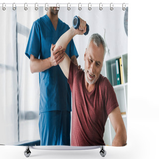 Personality  Cropped View Of Doctor Near Mature Man Working Out With Dumbbell  Shower Curtains
