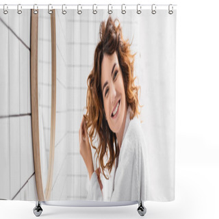 Personality  Cheerful Woman In White Bathrobe Adjusting Hair Near Mirror In Bathroom, Banner  Shower Curtains