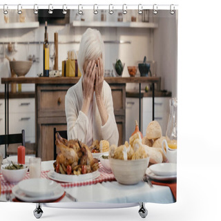 Personality  Depressed Woman Obscuring Face With Hands While Sitting At Table Served With Thanksgiving Dinner Shower Curtains