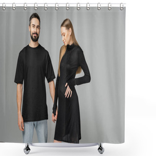 Personality  Smiling Bearded Man In T-shirt And Jeans Holding Hand Of Stylish And Pregnant Woman In Black Dress And Standing Isolated On Grey, Concept Of Expecting Parents, Husband And Wife  Shower Curtains