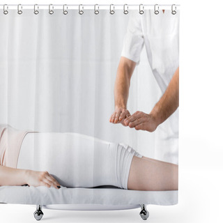 Personality  Cropped View Of Healer Standing Near Woman On Massage Table And Holding Hands Above Her Legs Shower Curtains