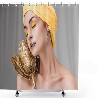 Personality  Sensual Naked Girl In Yellow Turban Holding Golden Protea Flower Isolated On Grey Shower Curtains