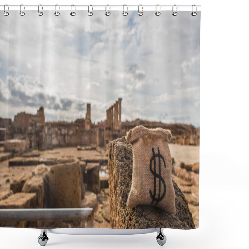 Personality  Money Bag With Dollar Sign Near Ancient House Of Theseus Ruins  Shower Curtains