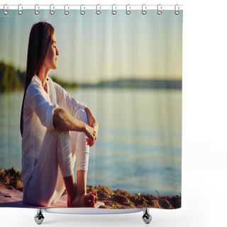 Personality  Serene Woman Sitting On Sandy Beach Shower Curtains