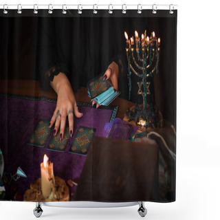 Personality   Tarot Cards, Concept Of Fortune Telling And Predictions, Magical Rituals And Wicca Elements On A Table Shower Curtains