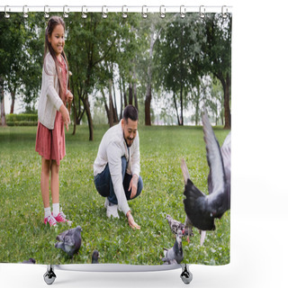Personality  Positive Asian Family Feeding Doves On Lawn In Summer Park  Shower Curtains