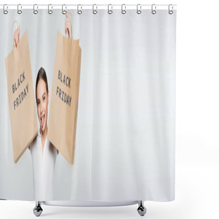 Personality  Panoramic Shot Of Woman Sticking Out Tongue While Holding Shopping Bags With Black Friday Lettering On White Shower Curtains