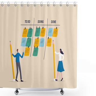Personality  Review Work Progress On Kanban Board, Todo List, In Progress Task And Finished One, Project Management Or Planning For Production Concept, Business People Review Project Progress On Kanban Board. Shower Curtains
