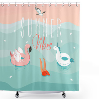 Personality  Hand Drawn Vector Stock Abstract Graphic Illustration With A Jumping Swimming Boy With A Unicorn And Flamingo Rubber Ring And Summer Vibes Typography Isolated On Ocean Wave Background Shower Curtains