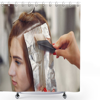 Personality  Hairdresser Colored Hair Her Client In A Hair Salon Shower Curtains