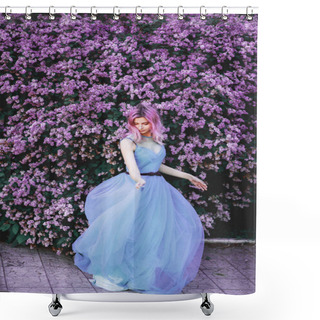 Personality  The Red-haired Girl Dances And Is Spinning In A Luxurious, Dignified, Lilac, Purple Dress. Fabric Beautifully Flies In Motion. The Background Is A Fantastic Garden. Art Photo Shower Curtains