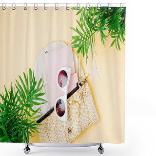 Personality  Tropical Leaves, Beach Bag With Sunglasses, Notebook And Seashells On Yellow  Background. Shower Curtains