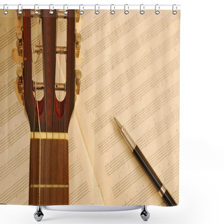 Personality  Guitar With Pen On Music Manuscript Shower Curtains