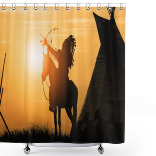 Personality  Silhouette Of Indian With Feather Headdress Riding On Horse Back Shooting Arrow During Sunrise Or Sunset. Shower Curtains