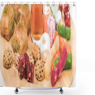 Personality  Wooden Board With Delicious Turkish Sweets And Tea Isolated On White, Panoramic Shot Shower Curtains