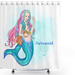 Personality  Hand Drawn Mermaid Holding A Gold Fish, On Watercolor Background Shower Curtains