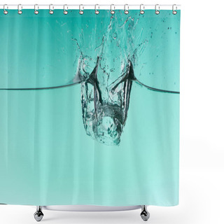 Personality  Transparent Ice Cubes Falling In Water With Splash On Turquoise Background Shower Curtains