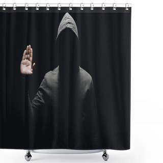 Personality  Unrecognizable Man In Hoodie Showing Palm Isolated On Black Shower Curtains
