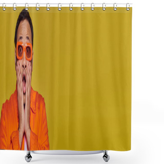 Personality  Shocked Indian Man In Orange Sunglasses Touching Face And Saying Wow On Yellow Backdrop, Banner Shower Curtains