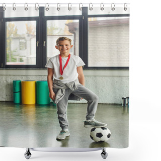 Personality  Vertical Shot Of Cute Boy In Sportswear With Golden Medal And Soccer Ball Smiling At Camera, Sport Shower Curtains