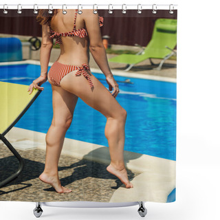 Personality  Cropped Shot Of Slim Woman In Bikini At Poolside Shower Curtains