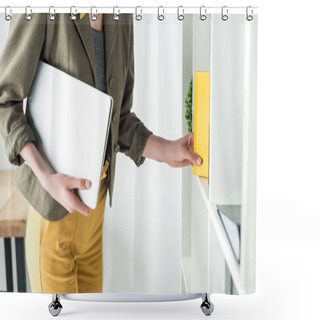 Personality  Cropped Shot Of Businesswoman Holding Laptop And Taking Book From Shelf In Office Shower Curtains