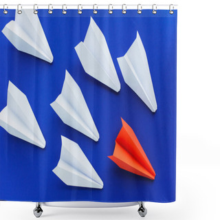 Personality  Top View Of White And Red Paper Planes On Blue Background, Leadership Concept  Shower Curtains