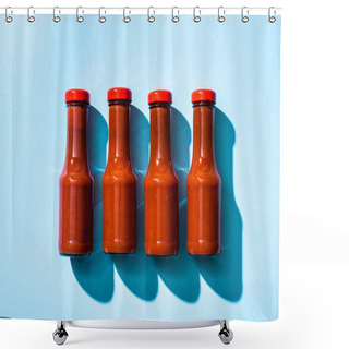 Personality  Top View Of Ketchup In Bottles On Blue Background Shower Curtains