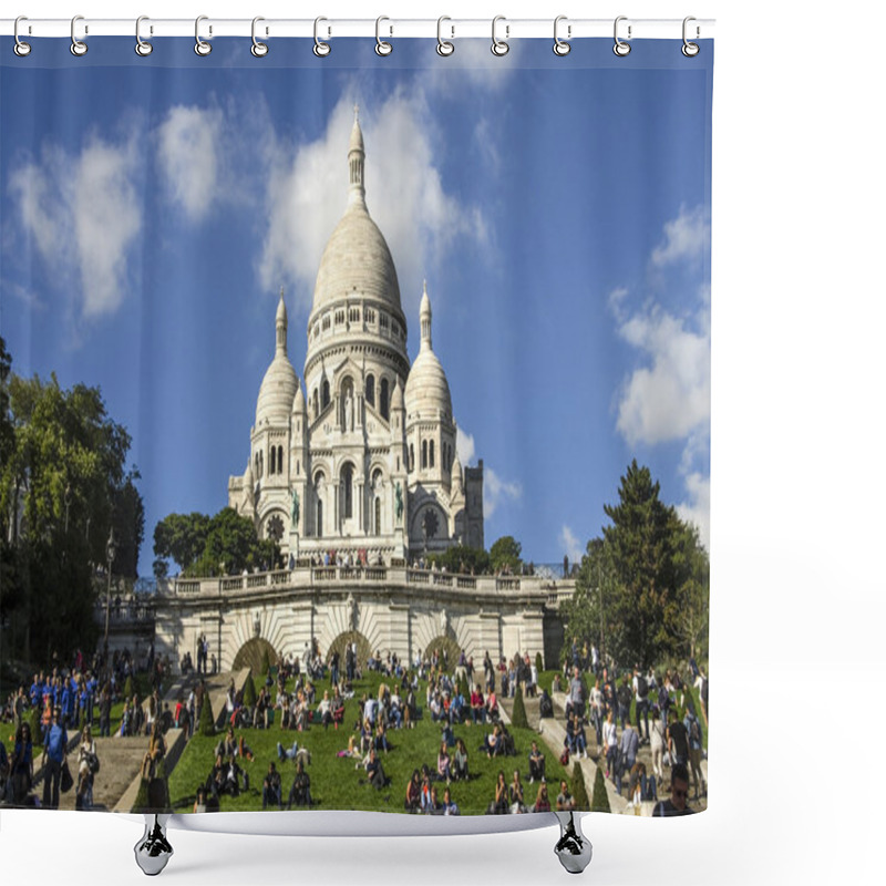 Personality  PARIS, April 2016:The Basilica of Sacre Coeur in Paris, France. Basilica is a famous catholic church in Paris. It is located at the highest point in the city. shower curtains
